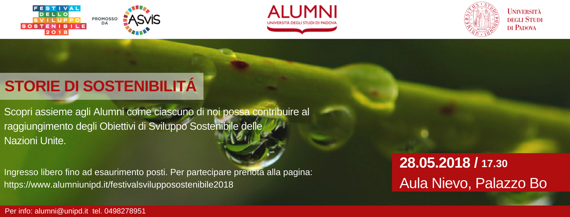 “Storie di Sostenibilità” lunedì 28 maggio 2018 alle 17.30,  Aula Nievo Palazzo Bo